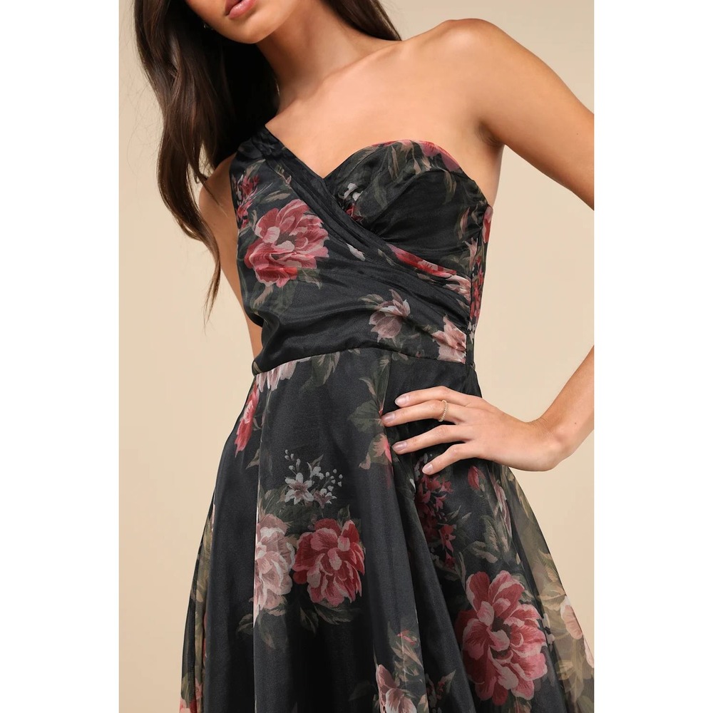 Lulus Truly Extraordinary Black Floral Organza One-Shoulder Maxi Dress Large - Picture 3 of 8